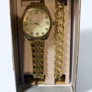 Gold Watch and Crystal Encrusted Bracelet Set